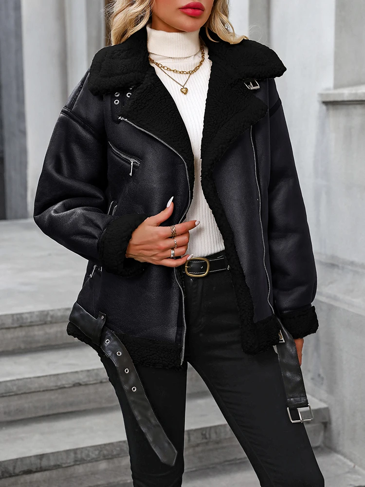 Ailegogo Streetwear Women Loose Warm Faux Leather Lamb Fur Jacket Vintage Female Zipper Belt Spliced Thick Chic Coat Outwear