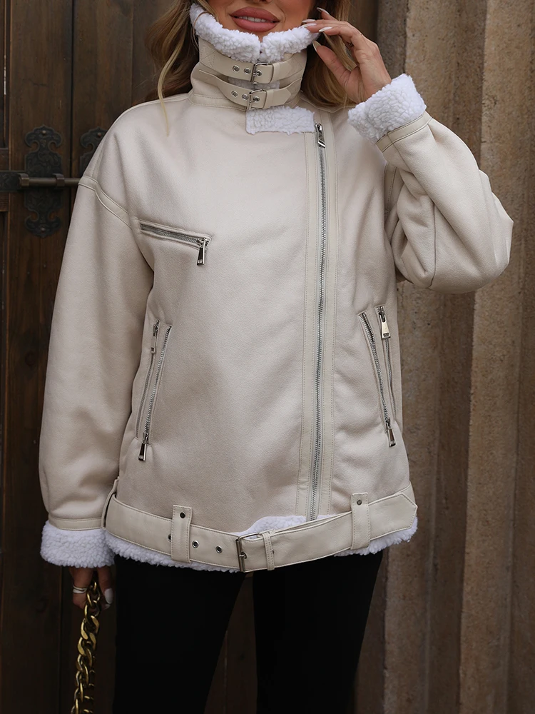 Ailegogo Streetwear Women Loose Warm Faux Leather Lamb Fur Jacket Vintage Female Zipper Belt Spliced Thick Chic Coat Outwear