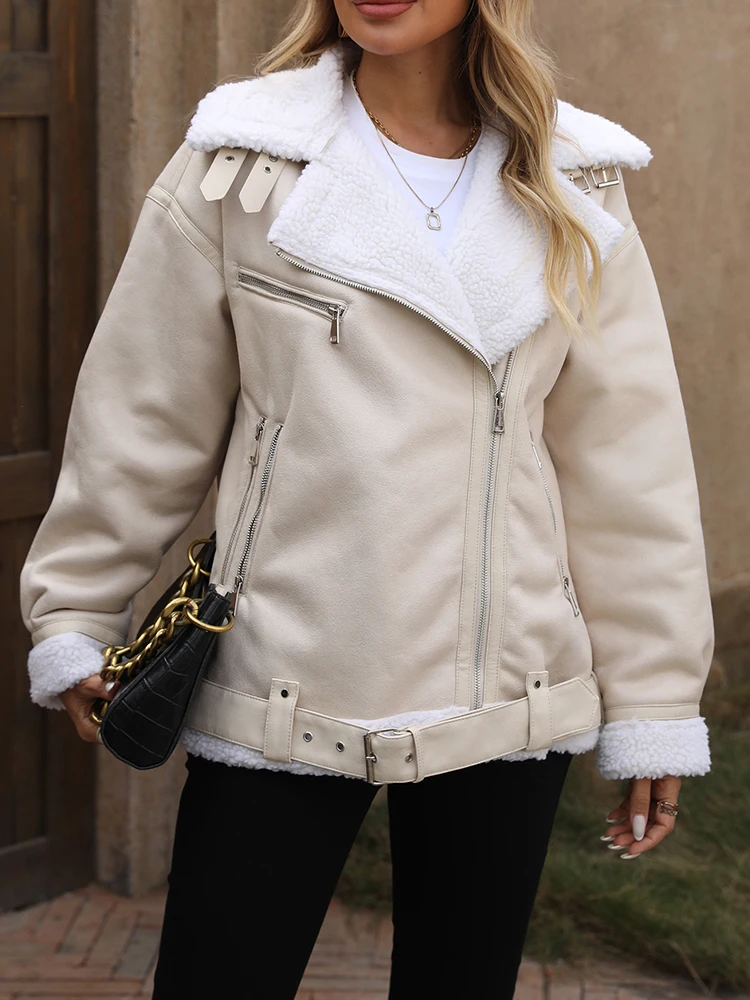 Ailegogo Streetwear Women Loose Warm Faux Leather Lamb Fur Jacket Vintage Female Zipper Belt Spliced Thick Chic Coat Outwear