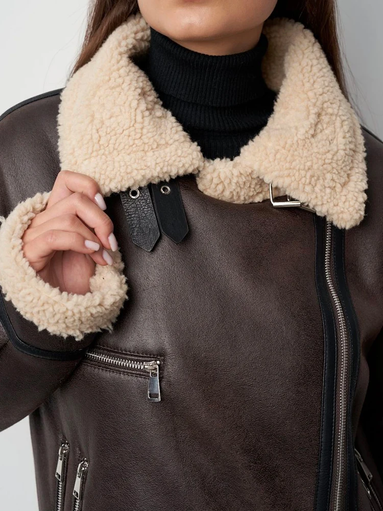 Ailegogo Streetwear Women Loose Warm Faux Leather Lamb Fur Jacket Vintage Female Zipper Belt Spliced Thick Chic Coat Outwear