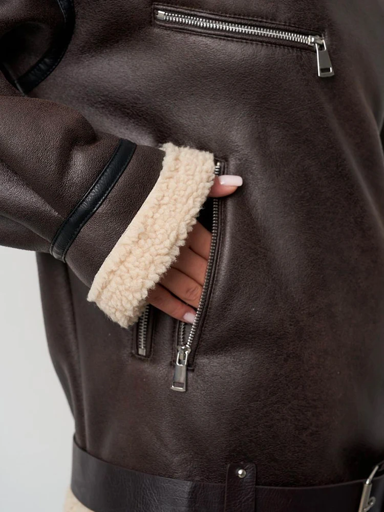 Ailegogo Streetwear Women Loose Warm Faux Leather Lamb Fur Jacket Vintage Female Zipper Belt Spliced Thick Chic Coat Outwear