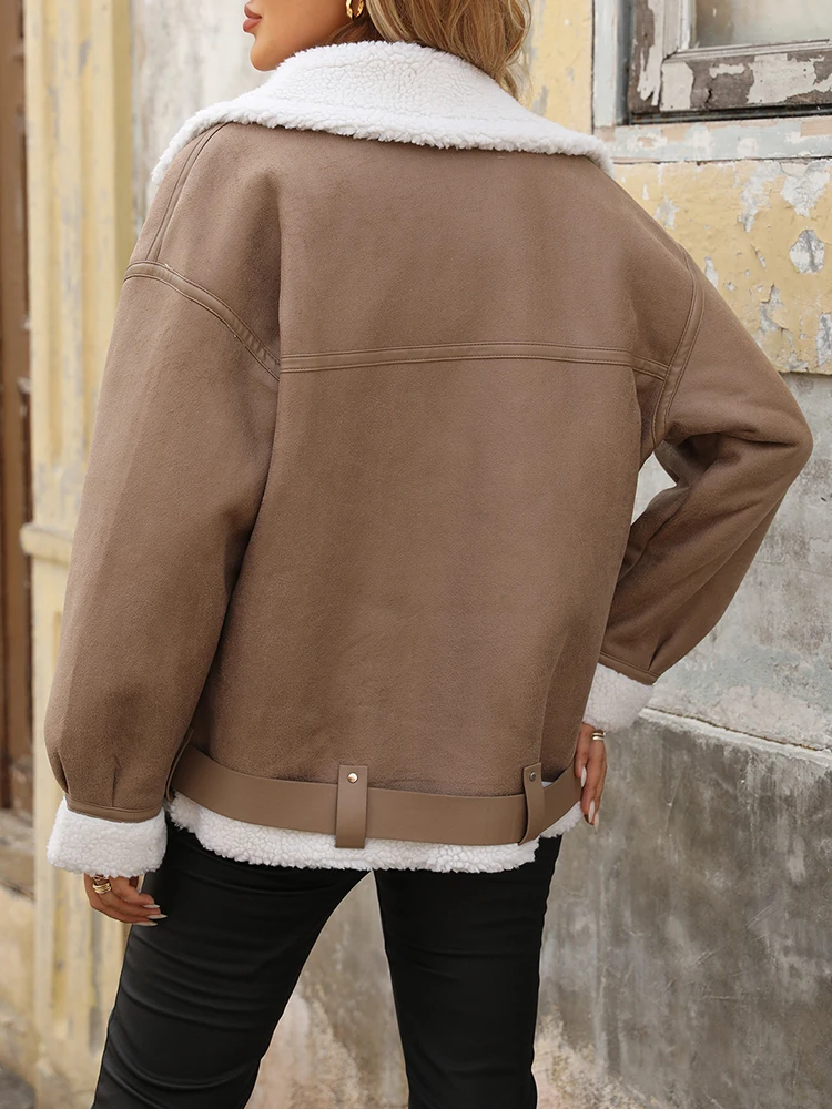 Ailegogo Streetwear Women Loose Warm Faux Leather Lamb Fur Jacket Vintage Female Zipper Belt Spliced Thick Chic Coat Outwear