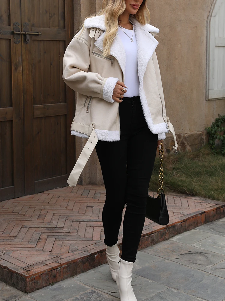 Ailegogo Streetwear Women Loose Warm Faux Leather Lamb Fur Jacket Vintage Female Zipper Belt Spliced Thick Chic Coat Outwear