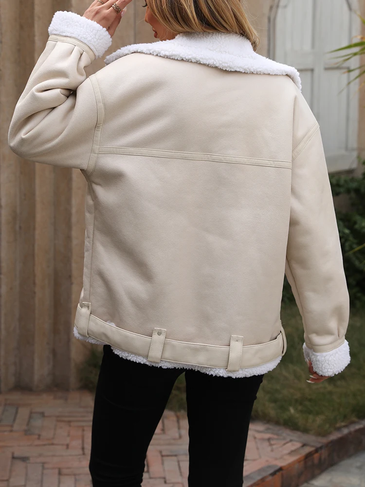 Ailegogo Streetwear Women Loose Warm Faux Leather Lamb Fur Jacket Vintage Female Zipper Belt Spliced Thick Chic Coat Outwear