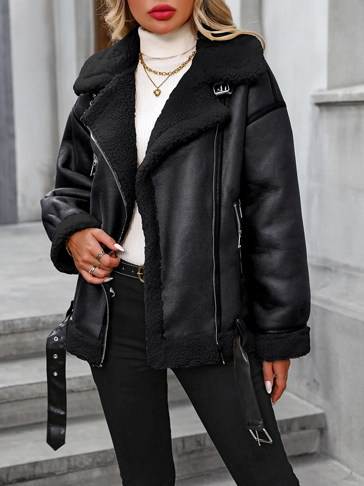 Ailegogo Streetwear Women Loose Warm Faux Leather Lamb Fur Jacket Vintage Female Zipper Belt Spliced Thick Chic Coat Outwear