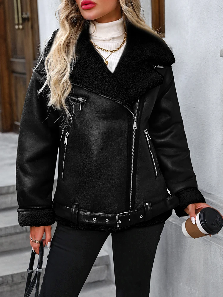 Ailegogo Streetwear Women Loose Warm Faux Leather Lamb Fur Jacket Vintage Female Zipper Belt Spliced Thick Chic Coat Outwear
