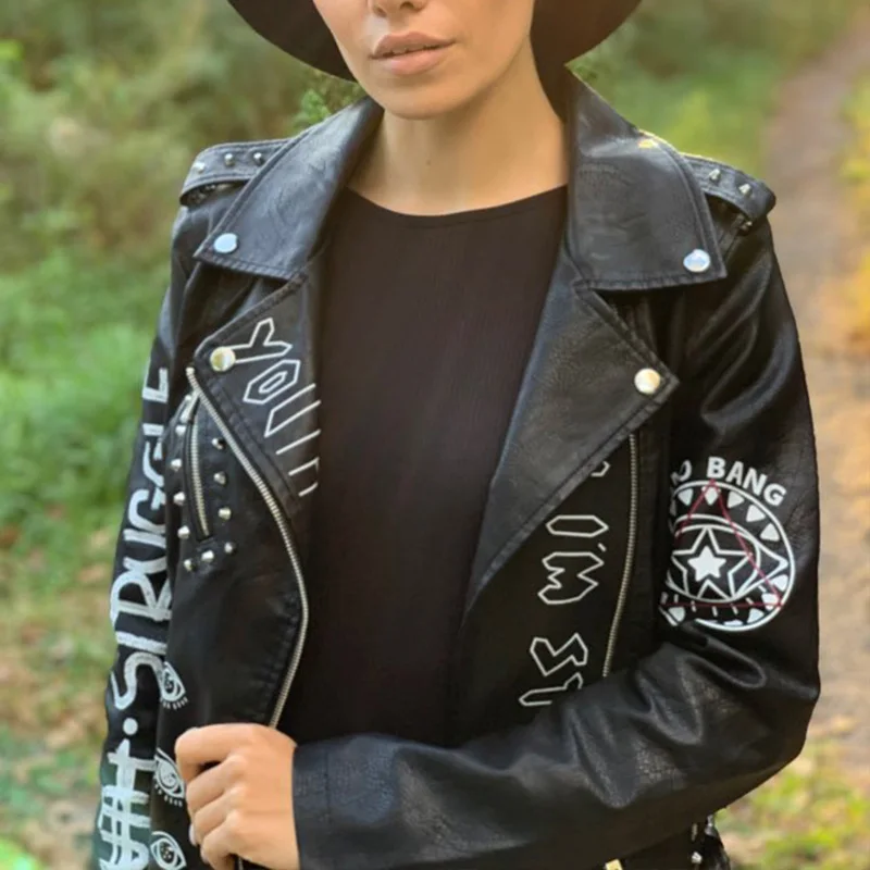 Fitaylor Autumn Winter Women Graffiti Print Faux Leather Jacket Lady Moto Bike PU Leather Coat Casual Rivet Jacket with Belt