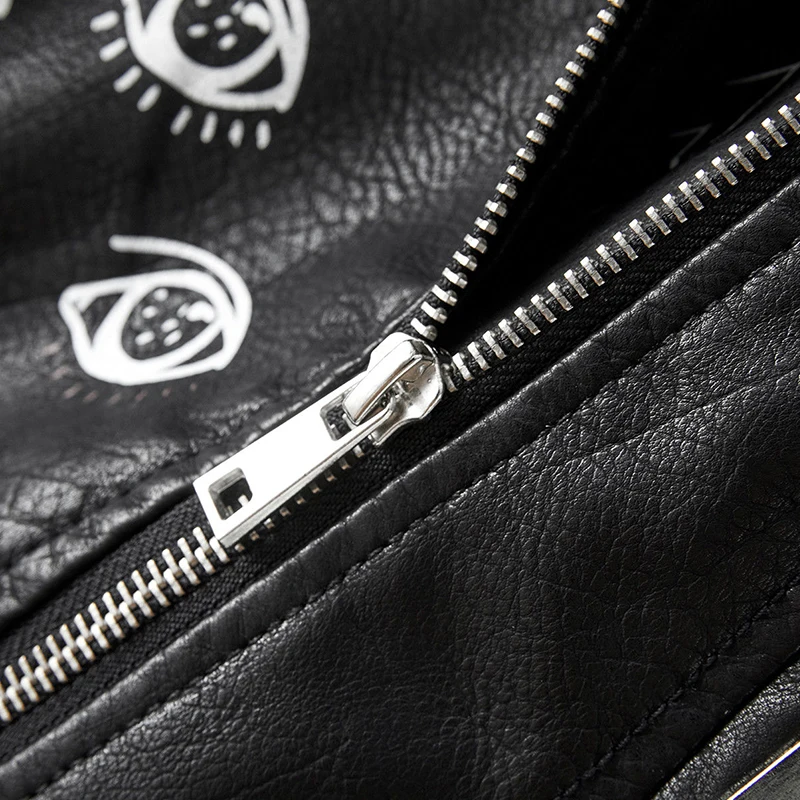 Fitaylor Autumn Winter Women Graffiti Print Faux Leather Jacket Lady Moto Bike PU Leather Coat Casual Rivet Jacket with Belt