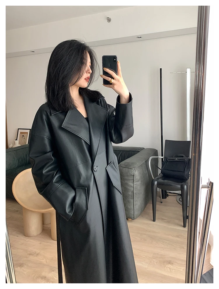 Lautaro-Long Black Leather Trench Coat for Women, Oversized Sashes, Single Button, Loose Stylish, Korean Fashion, Spring