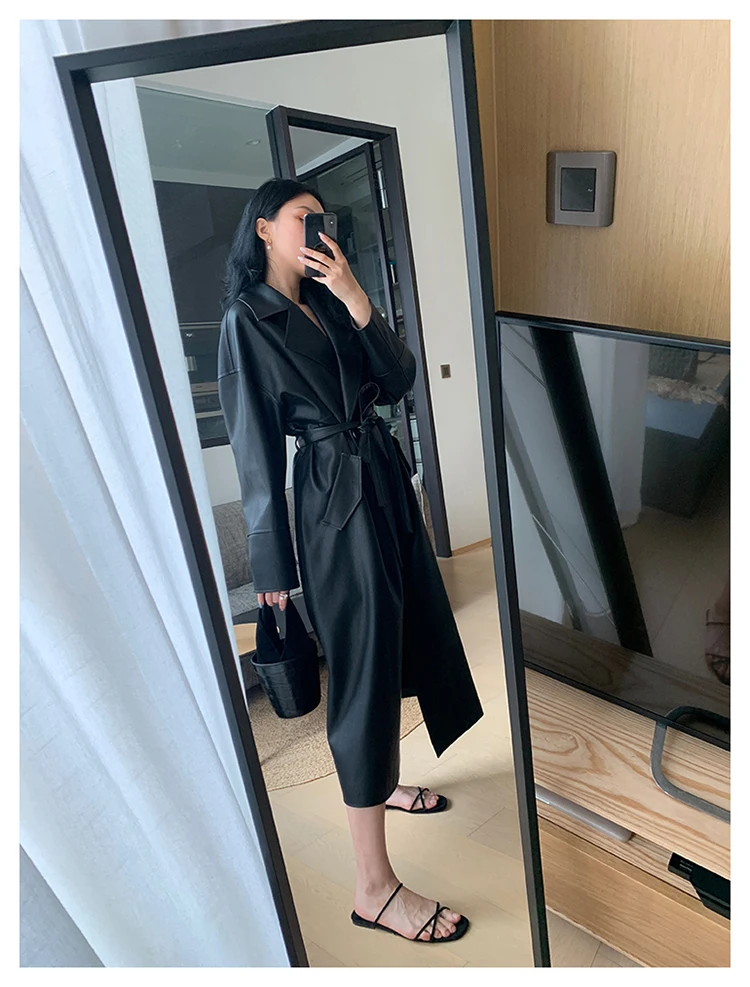 Lautaro-Long Black Leather Trench Coat for Women, Oversized Sashes, Single Button, Loose Stylish, Korean Fashion, Spring