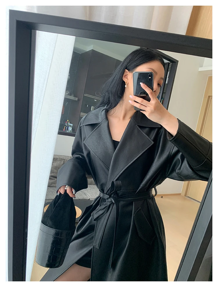 Lautaro-Long Black Leather Trench Coat for Women, Oversized Sashes, Single Button, Loose Stylish, Korean Fashion, Spring