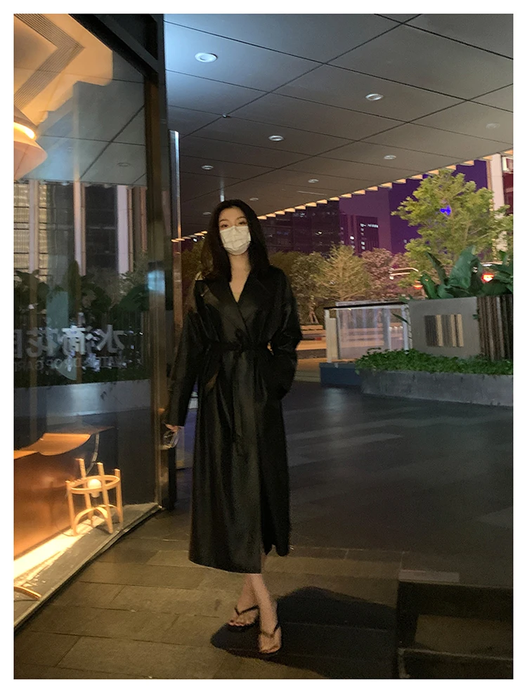 Lautaro-Long Black Leather Trench Coat for Women, Oversized Sashes, Single Button, Loose Stylish, Korean Fashion, Spring