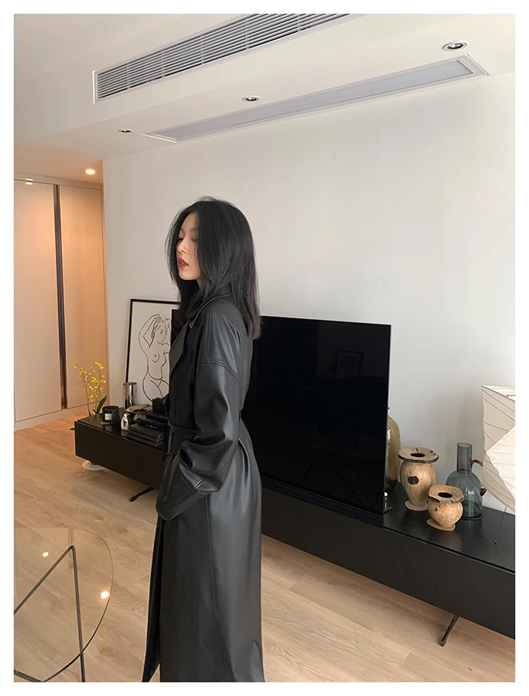 Lautaro-Long Black Leather Trench Coat for Women, Oversized Sashes, Single Button, Loose Stylish, Korean Fashion, Spring