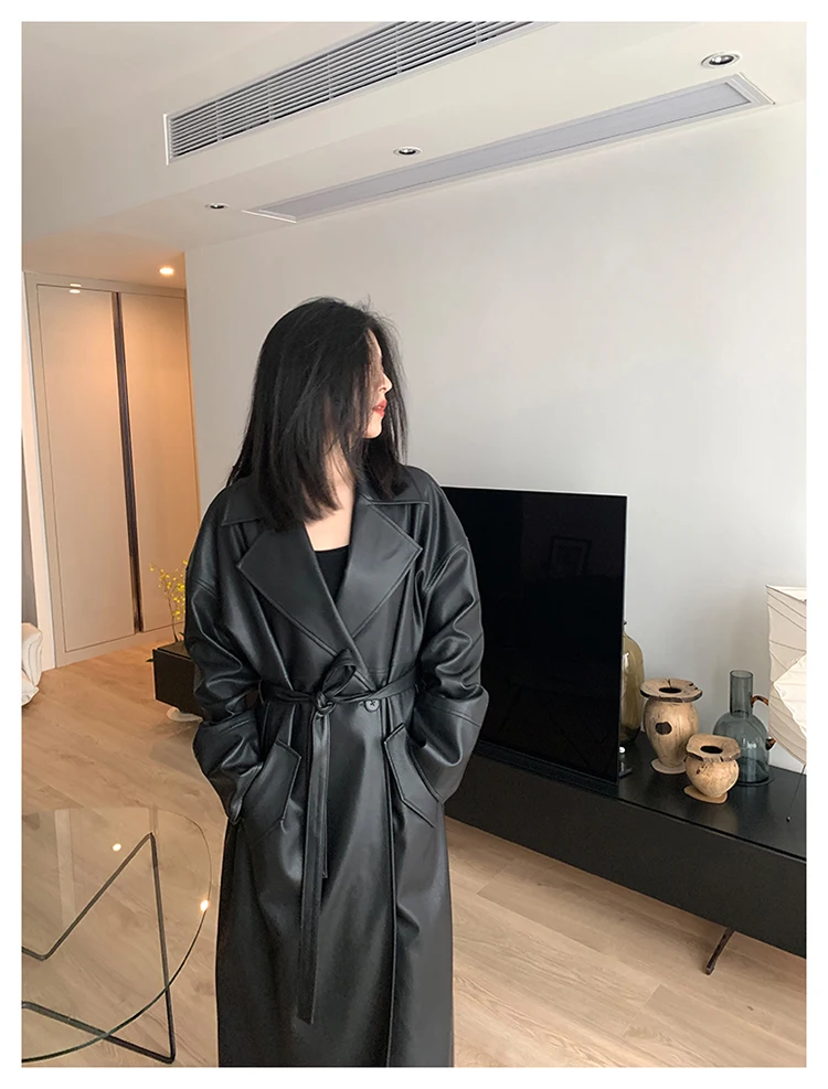 Lautaro-Long Black Leather Trench Coat for Women, Oversized Sashes, Single Button, Loose Stylish, Korean Fashion, Spring