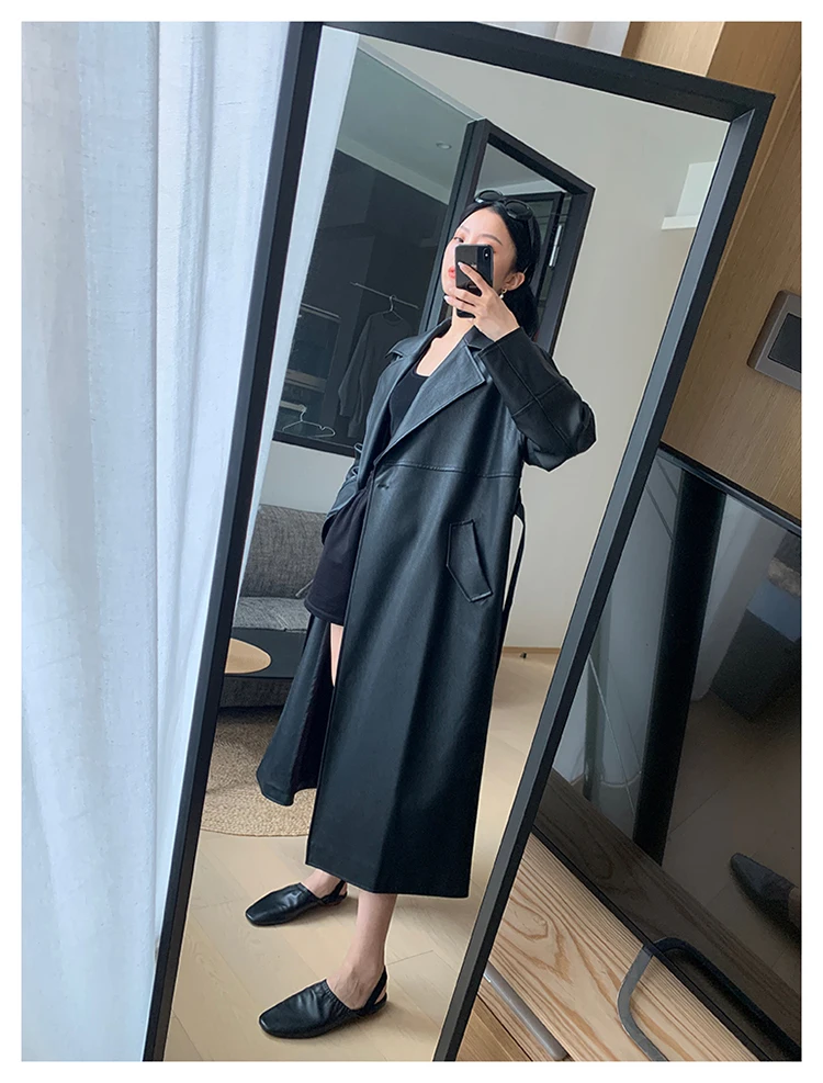 Lautaro-Long Black Leather Trench Coat for Women, Oversized Sashes, Single Button, Loose Stylish, Korean Fashion, Spring