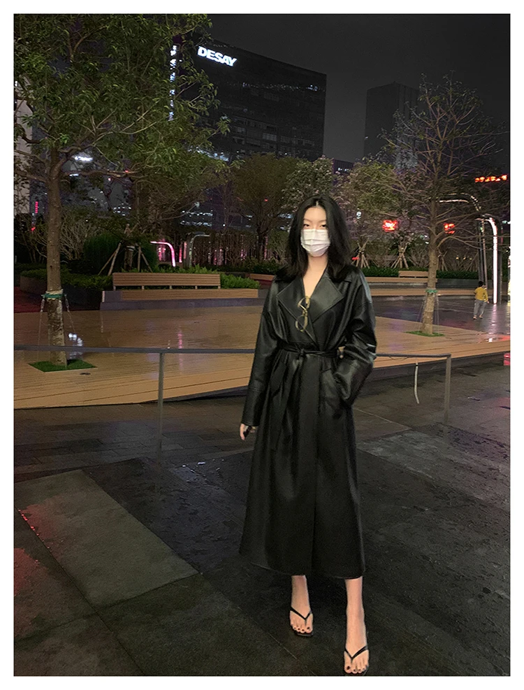 Lautaro-Long Black Leather Trench Coat for Women, Oversized Sashes, Single Button, Loose Stylish, Korean Fashion, Spring