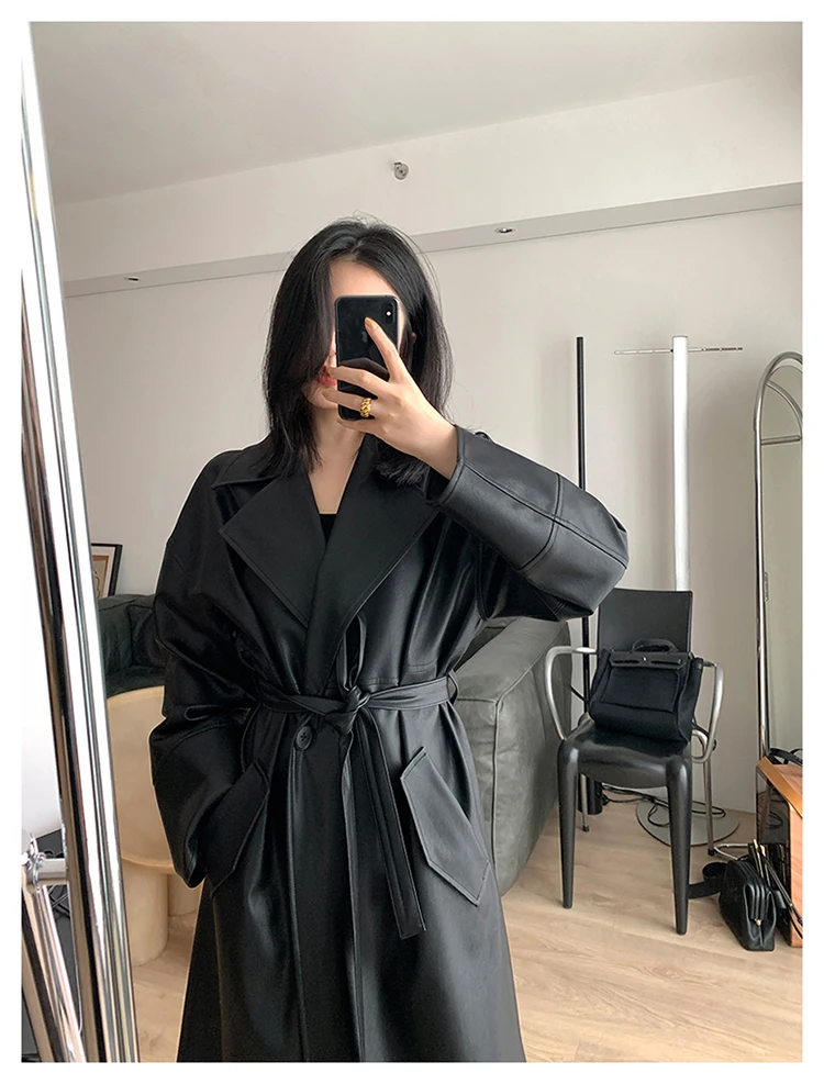 Lautaro-Long Black Leather Trench Coat for Women, Oversized Sashes, Single Button, Loose Stylish, Korean Fashion, Spring
