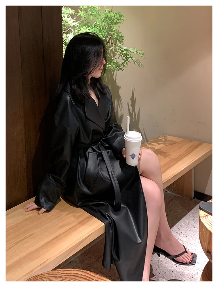 Lautaro-Long Black Leather Trench Coat for Women, Oversized Sashes, Single Button, Loose Stylish, Korean Fashion, Spring
