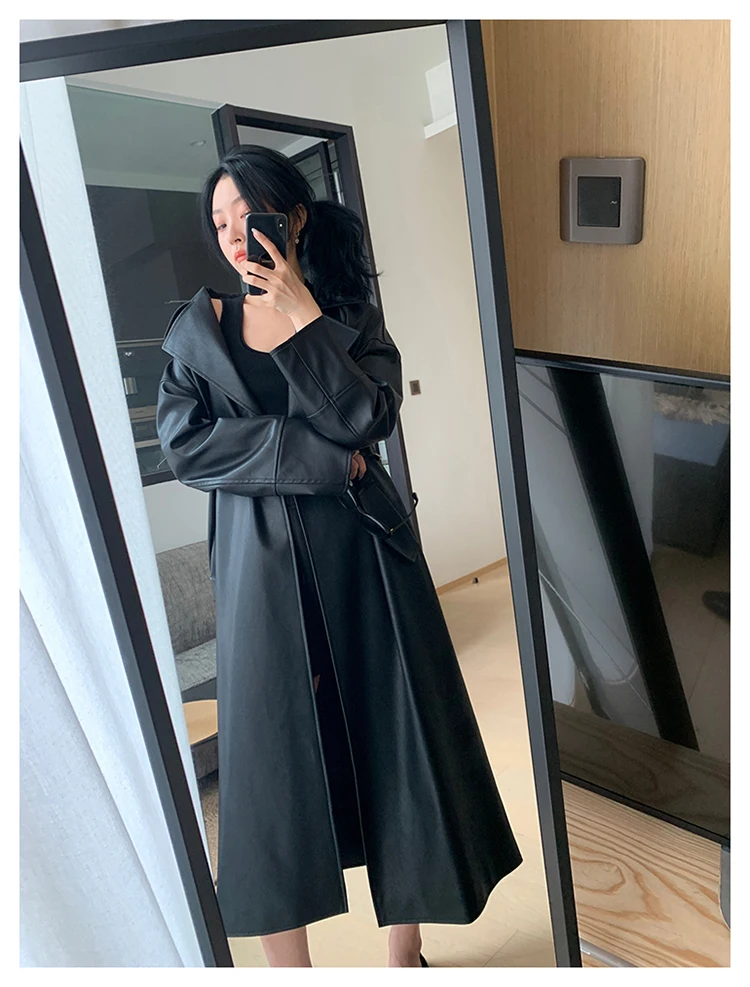 Lautaro-Long Black Leather Trench Coat for Women, Oversized Sashes, Single Button, Loose Stylish, Korean Fashion, Spring