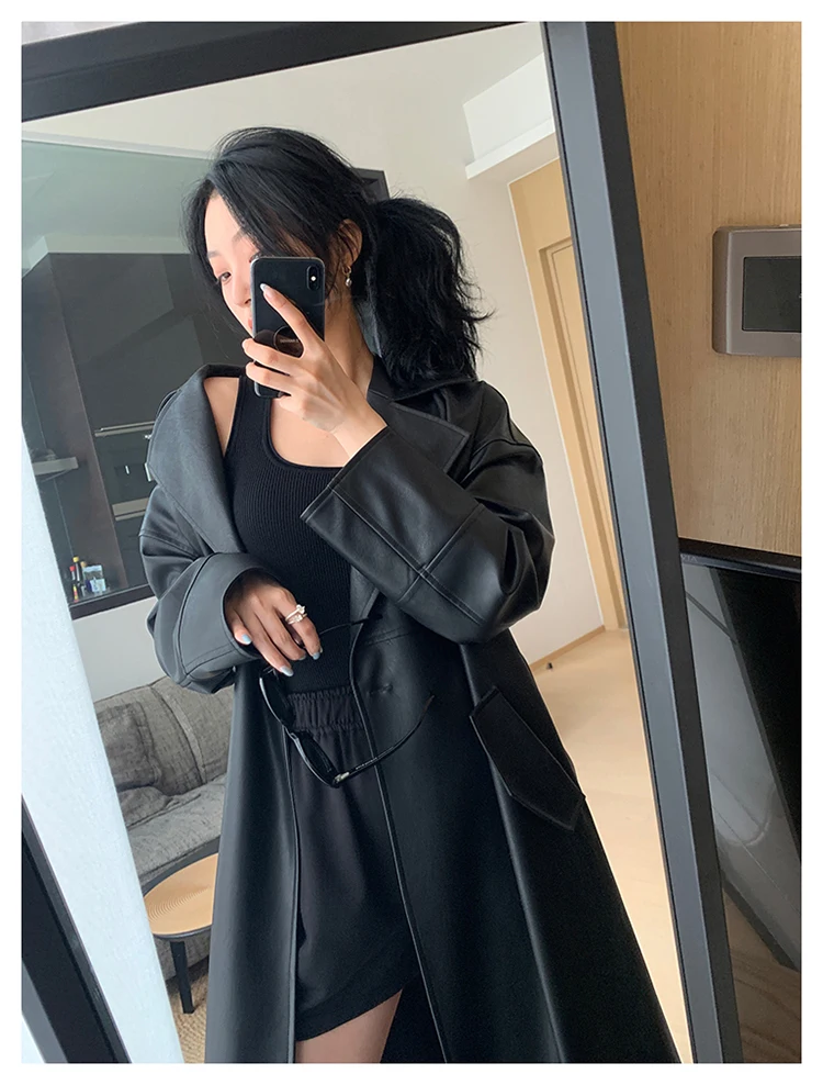 Lautaro-Long Black Leather Trench Coat for Women, Oversized Sashes, Single Button, Loose Stylish, Korean Fashion, Spring