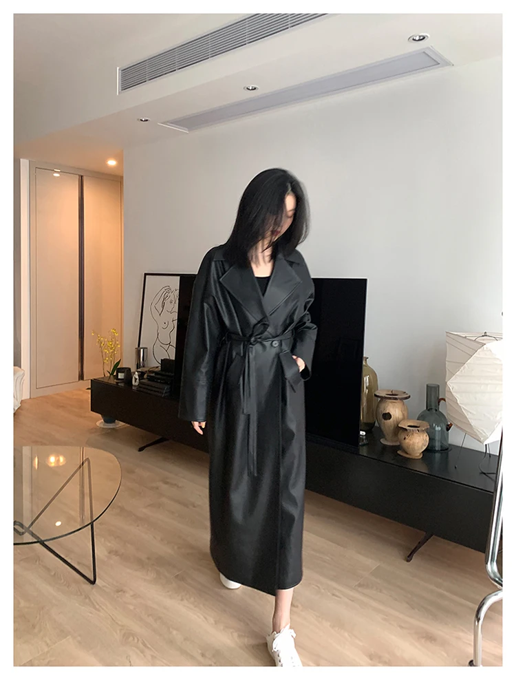Lautaro-Long Black Leather Trench Coat for Women, Oversized Sashes, Single Button, Loose Stylish, Korean Fashion, Spring