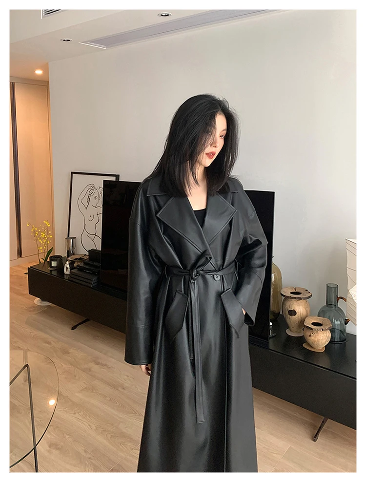 Lautaro-Long Black Leather Trench Coat for Women, Oversized Sashes, Single Button, Loose Stylish, Korean Fashion, Spring