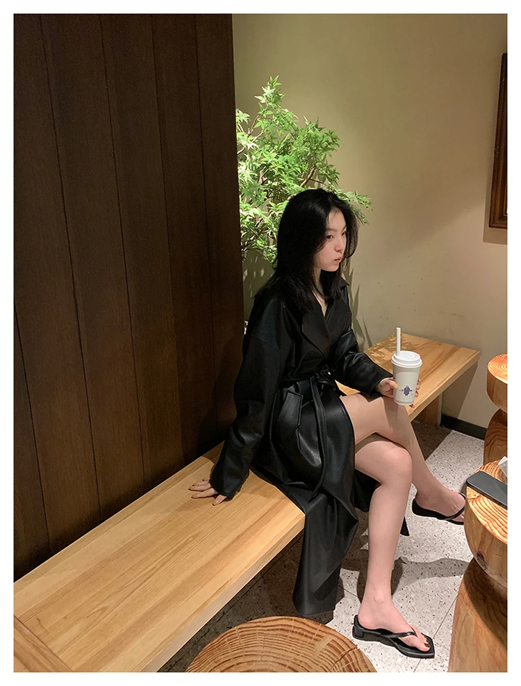 Lautaro-Long Black Leather Trench Coat for Women, Oversized Sashes, Single Button, Loose Stylish, Korean Fashion, Spring