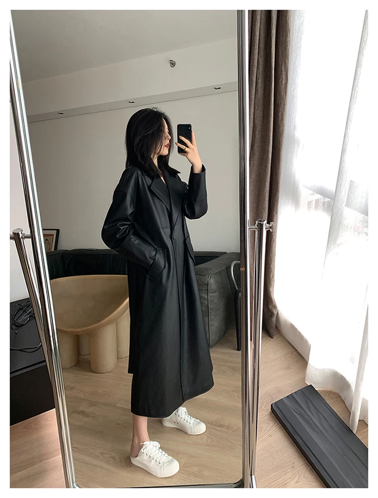 Lautaro-Long Black Leather Trench Coat for Women, Oversized Sashes, Single Button, Loose Stylish, Korean Fashion, Spring