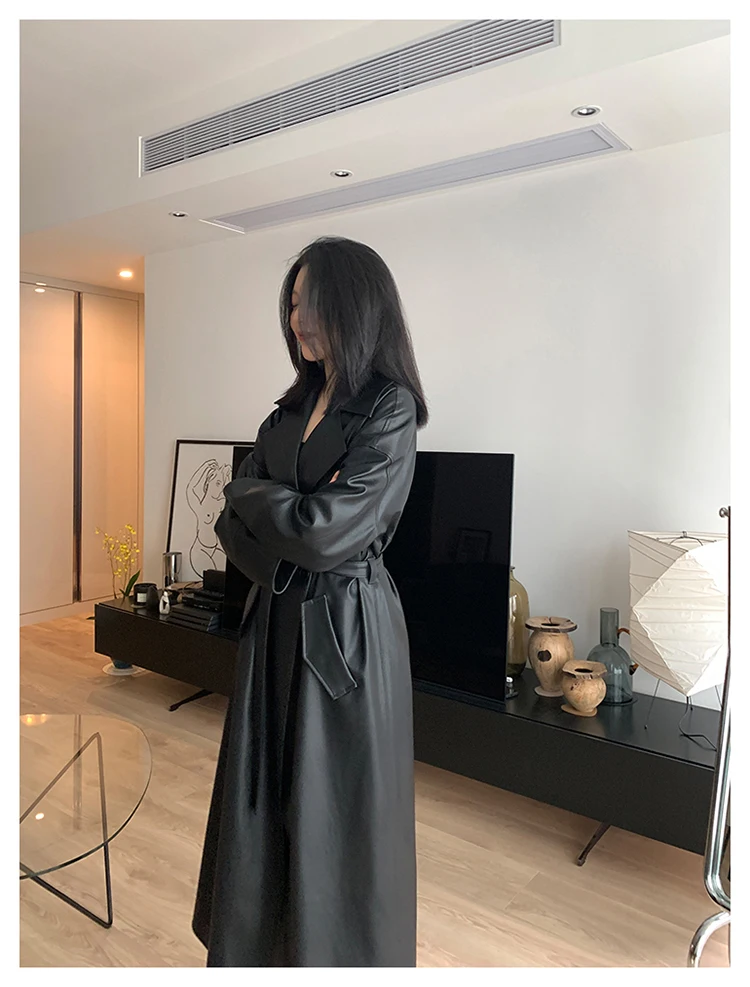 Lautaro-Long Black Leather Trench Coat for Women, Oversized Sashes, Single Button, Loose Stylish, Korean Fashion, Spring