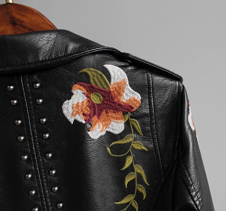 Ly Varey Lin Floral Print Embroidery Faux Soft Leather Jacket Women Pu Motorcycle Coat Female Black Punk Zipper Rivet Outerwear