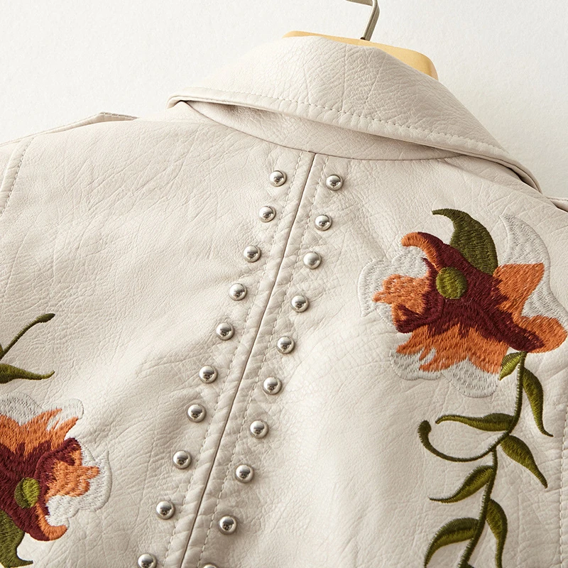 FTLZZ New Women Retro Floral Print Embroidery Faux Soft Leather Jacket Coat Turndown Collar Pu Moto Biker Black Punk Outerwear