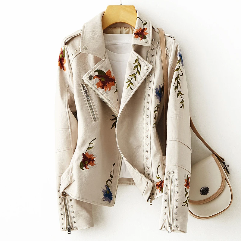FTLZZ New Women Retro Floral Print Embroidery Faux Soft Leather Jacket Coat Turndown Collar Pu Moto Biker Black Punk Outerwear