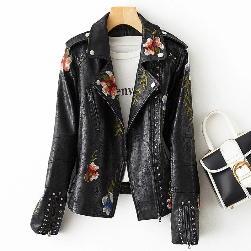 FTLZZ New Women Retro Floral Print Embroidery Faux Soft Leather Jacket Coat Turndown Collar Pu Moto Biker Black Punk Outerwear