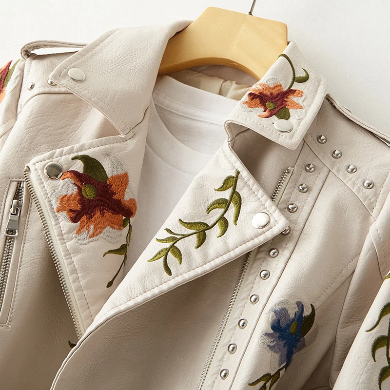 FTLZZ New Women Retro Floral Print Embroidery Faux Soft Leather Jacket Coat Turndown Collar Pu Moto Biker Black Punk Outerwear