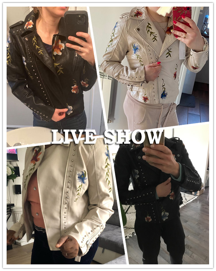 FTLZZ New Women Retro Floral Print Embroidery Faux Soft Leather Jacket Coat Turndown Collar Pu Moto Biker Black Punk Outerwear