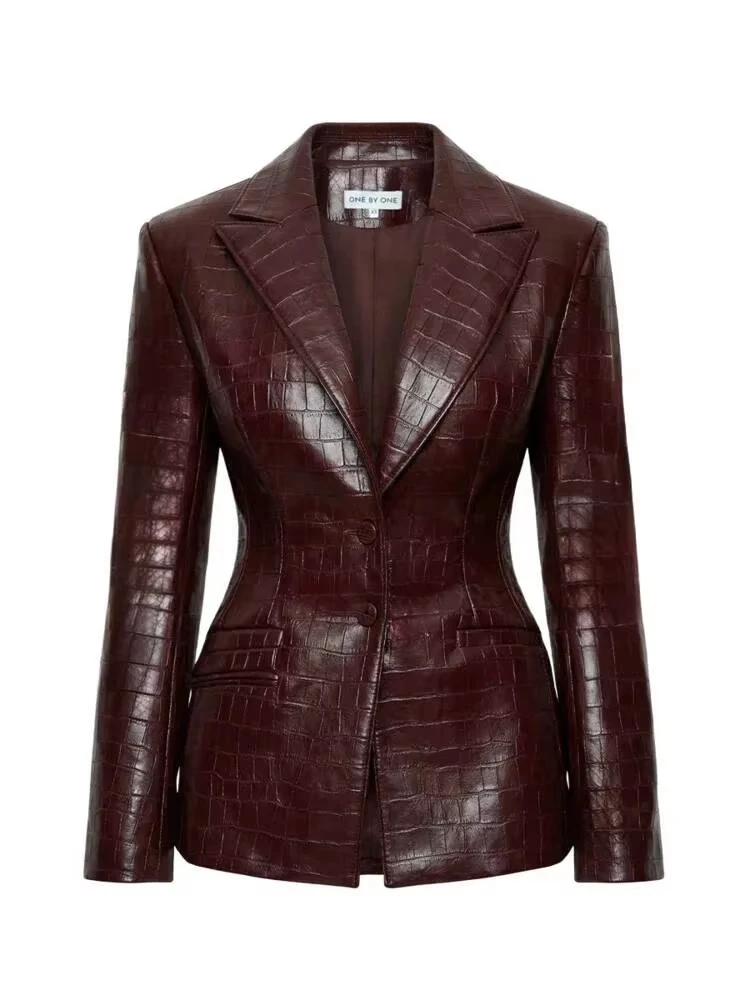 Women Burgundy Faux Leather Croc Embossed Blazer 2026 Slim Fit Padded Shoulder Jacket