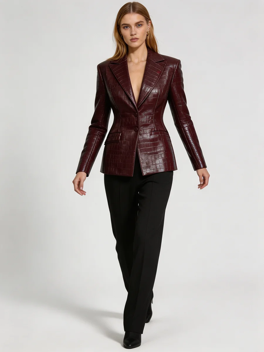 Women Burgundy Faux Leather Croc Embossed Blazer 2026 Slim Fit Padded Shoulder Jacket