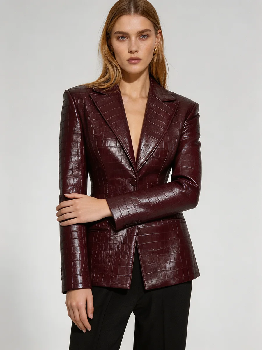 Women Burgundy Faux Leather Croc Embossed Blazer 2026 Slim Fit Padded Shoulder Jacket