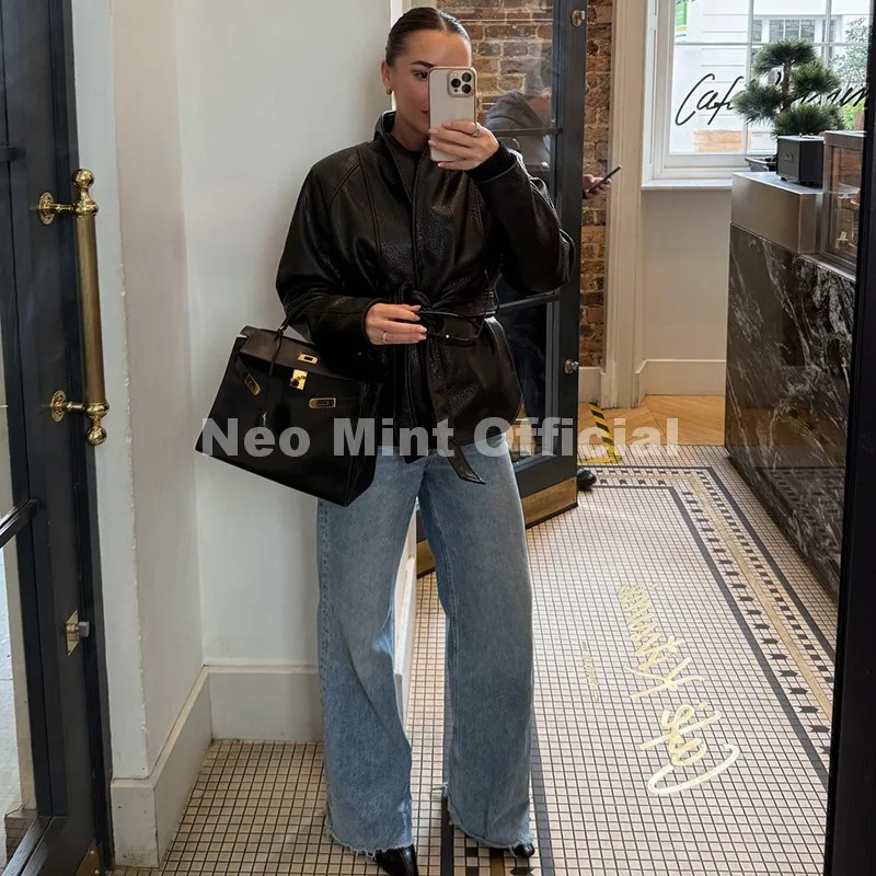 Neo Mint Trendy 2026 Black Shawl Collar Faux Leather Coat Women Autumn Belted Coat Brand Hot Fashion Girls PU Leather Jackets