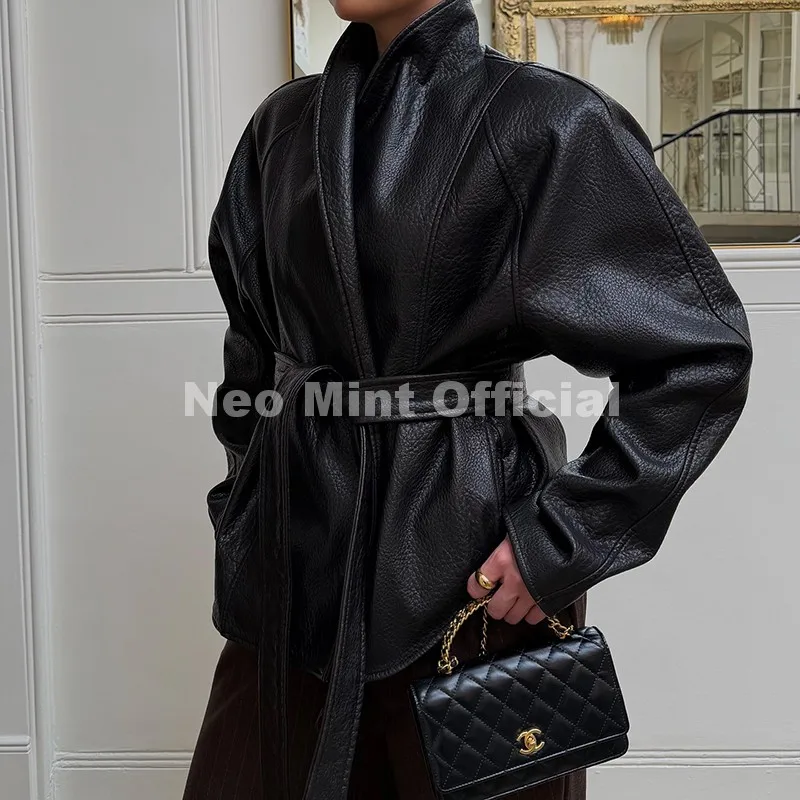 Neo Mint Trendy 2026 Black Shawl Collar Faux Leather Coat Women Autumn Belted Coat Brand Hot Fashion Girls PU Leather Jackets