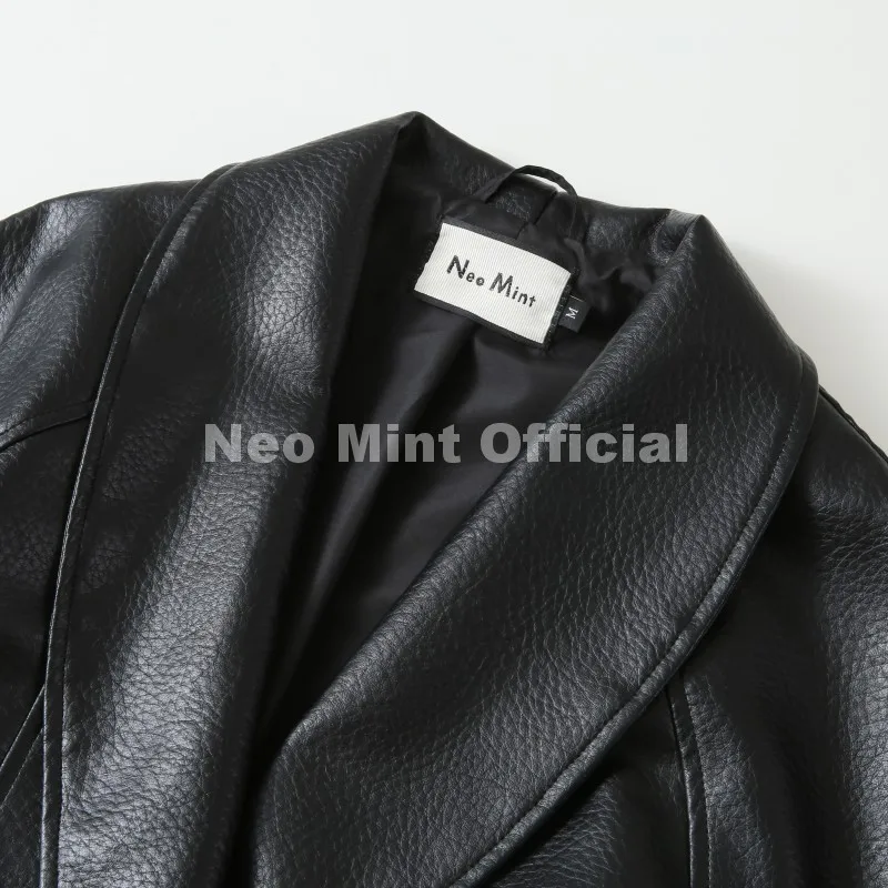Neo Mint Trendy 2026 Black Shawl Collar Faux Leather Coat Women Autumn Belted Coat Brand Hot Fashion Girls PU Leather Jackets