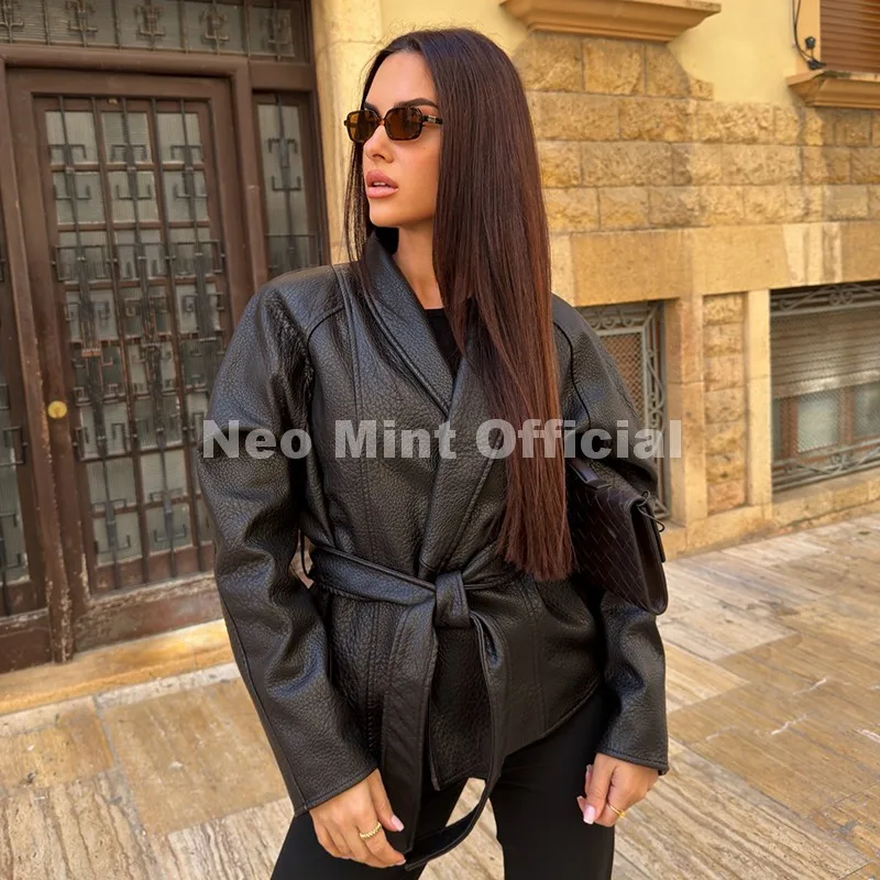 Neo Mint Trendy 2026 Black Shawl Collar Faux Leather Coat Women Autumn Belted Coat Brand Hot Fashion Girls PU Leather Jackets