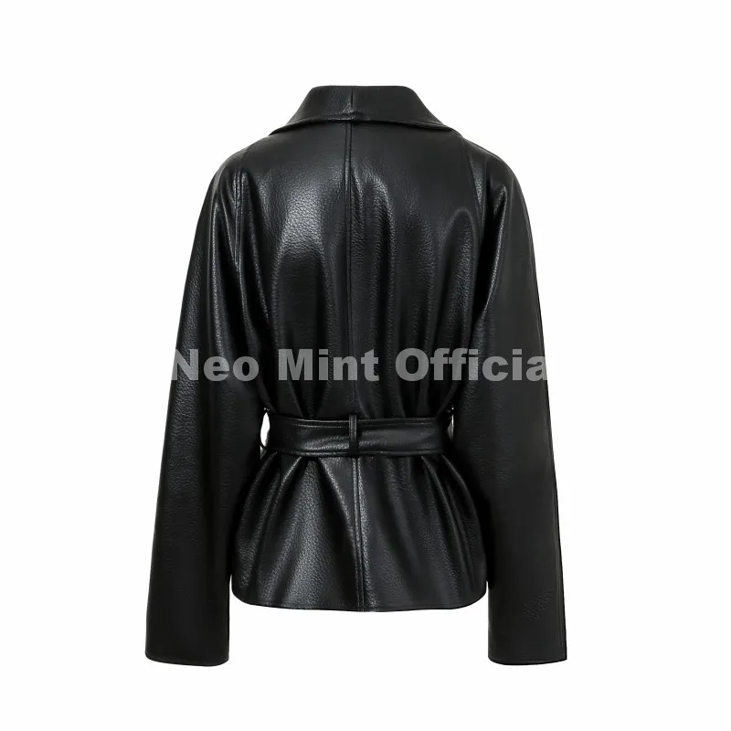 Neo Mint Trendy 2026 Black Shawl Collar Faux Leather Coat Women Autumn Belted Coat Brand Hot Fashion Girls PU Leather Jackets