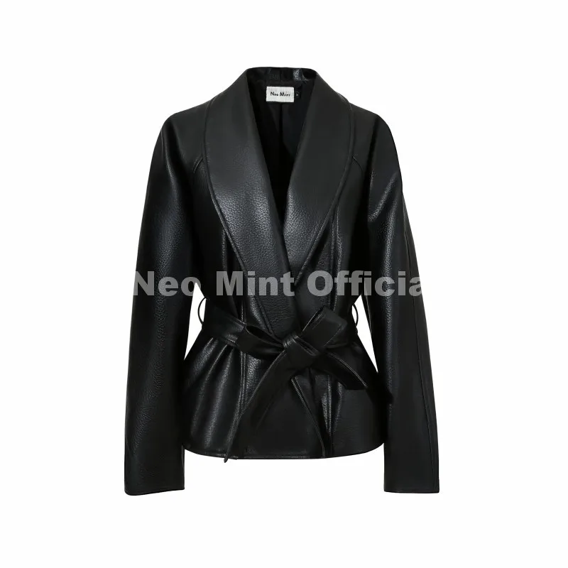 Neo Mint Trendy 2026 Black Shawl Collar Faux Leather Coat Women Autumn Belted Coat Brand Hot Fashion Girls PU Leather Jackets
