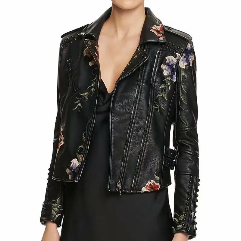 2026 New Women's High Street Floral Print Embroidery Faux Leather Jackets Female Moto & Biker Rivet Black Punk Outerwear Coats