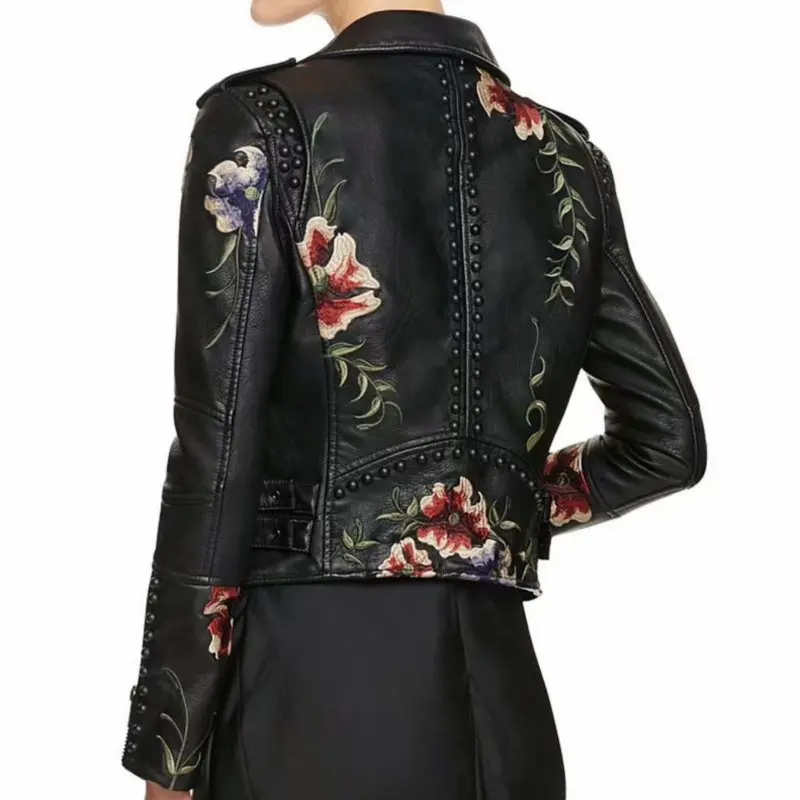 2026 New Women's High Street Floral Print Embroidery Faux Leather Jackets Female Moto & Biker Rivet Black Punk Outerwear Coats