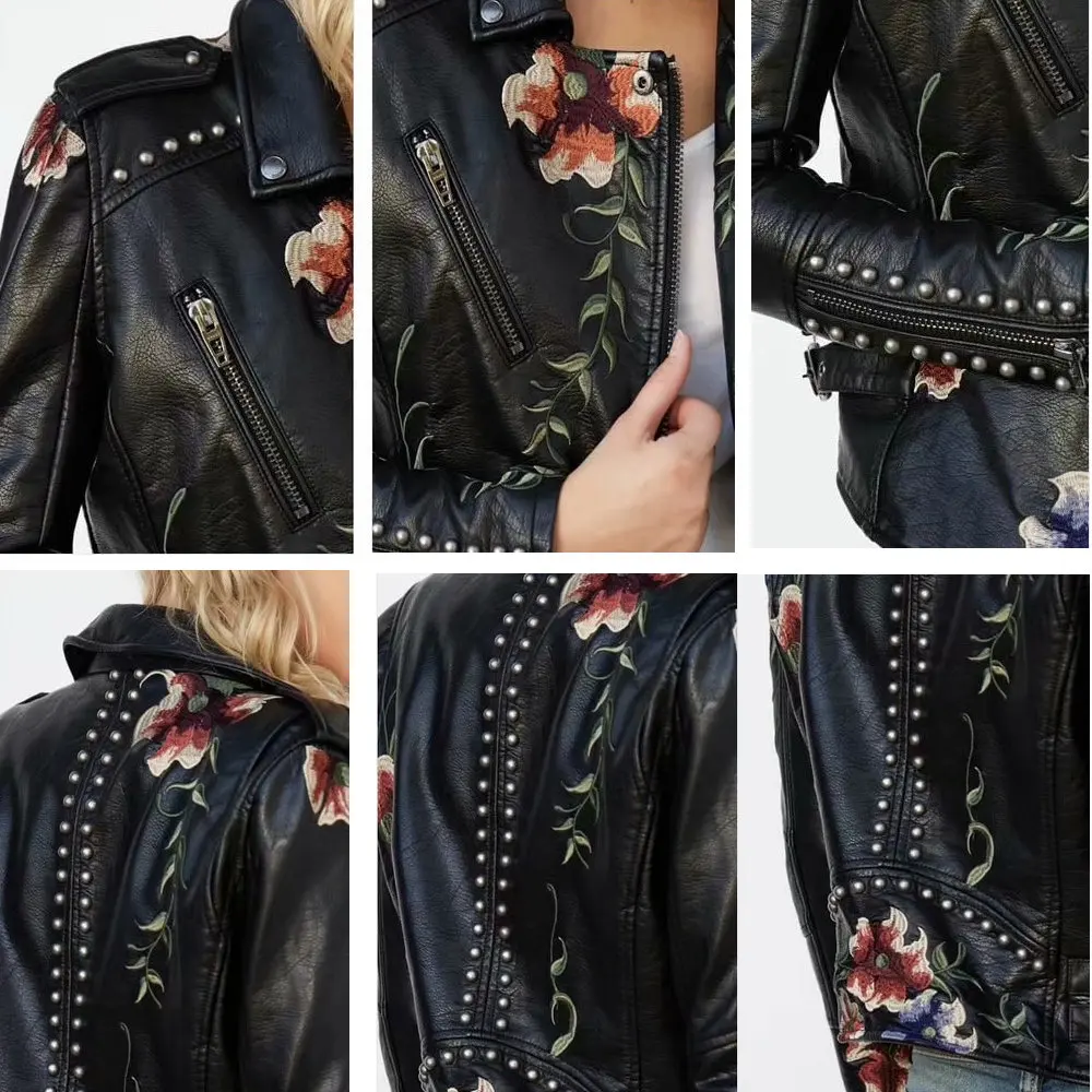 2026 New Women's High Street Floral Print Embroidery Faux Leather Jackets Female Moto & Biker Rivet Black Punk Outerwear Coats