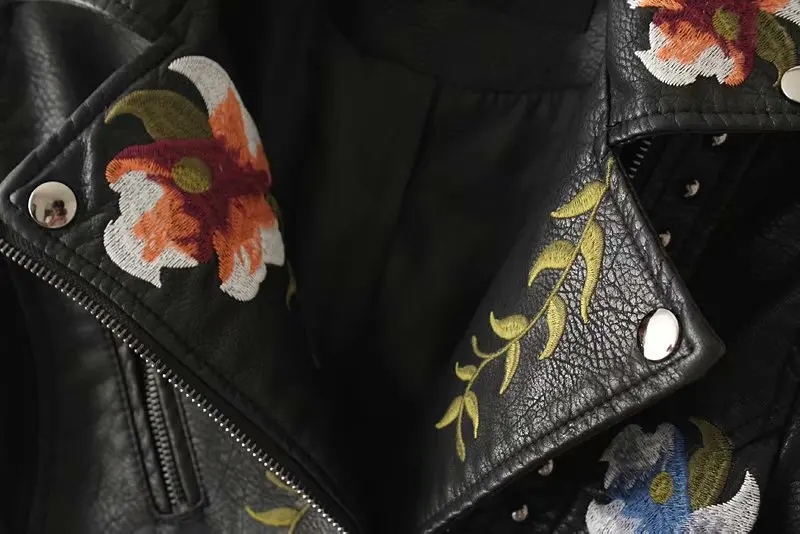 2026 New Women's High Street Floral Print Embroidery Faux Leather Jackets Female Moto & Biker Rivet Black Punk Outerwear Coats