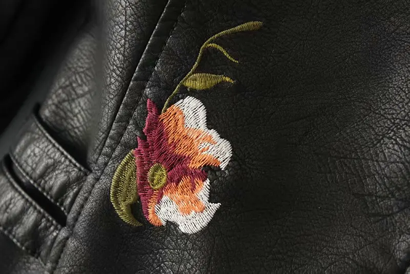 2026 New Women's High Street Floral Print Embroidery Faux Leather Jackets Female Moto & Biker Rivet Black Punk Outerwear Coats