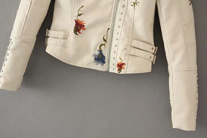 2026 New Women's High Street Floral Print Embroidery Faux Leather Jackets Female Moto & Biker Rivet Black Punk Outerwear Coats